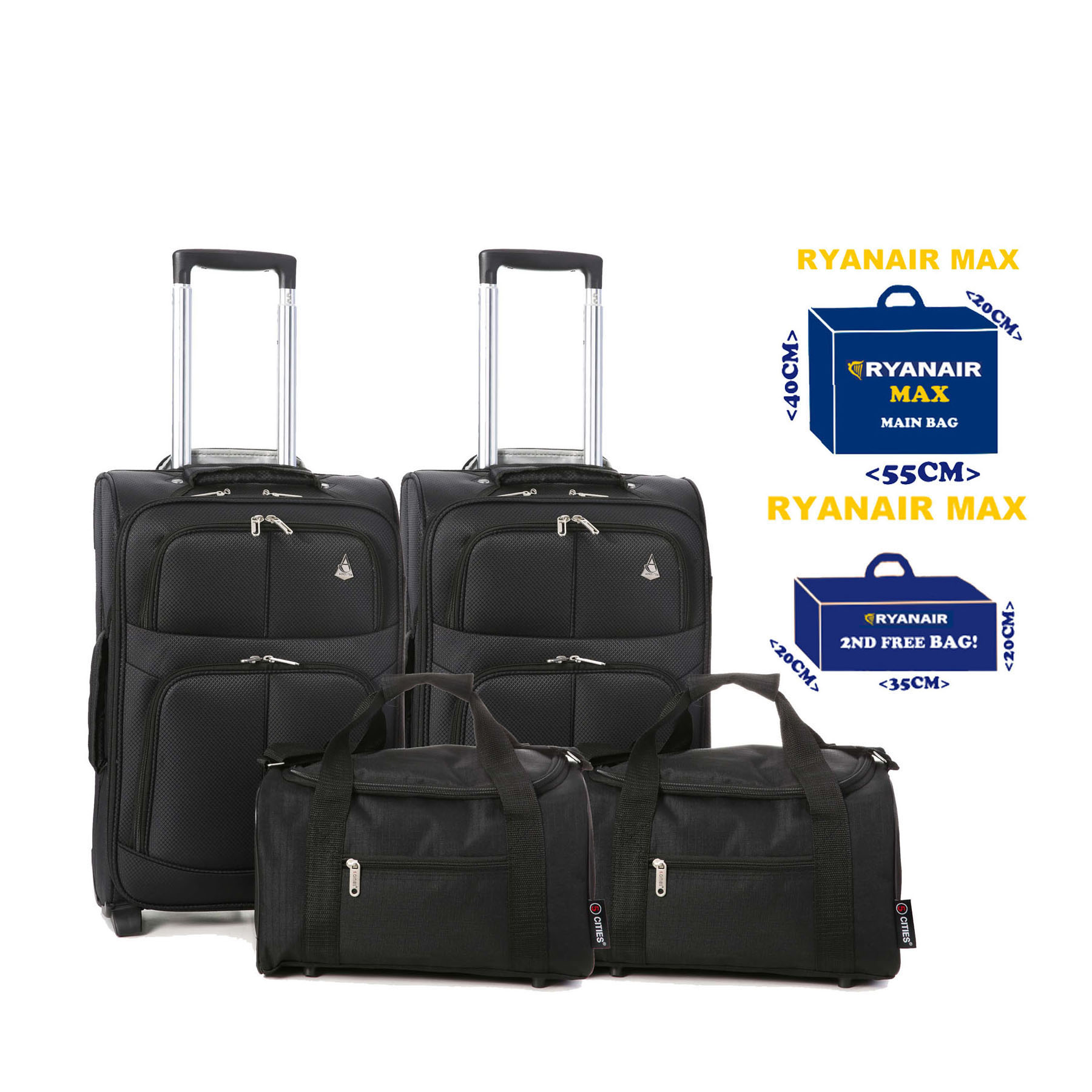 Set of 4 -2 x 55x40x20cm 2 Wheel Suitcases + 2 x 35x20x20cm Cabin Bags