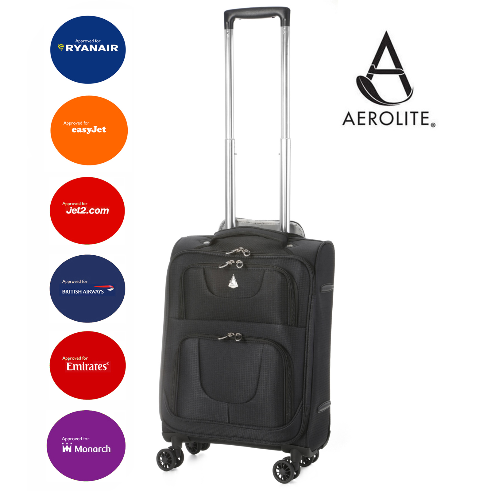 Aerolite 21"/55cm Lightweight 8 Wheel Spinner Cabin Suitcase (Black)