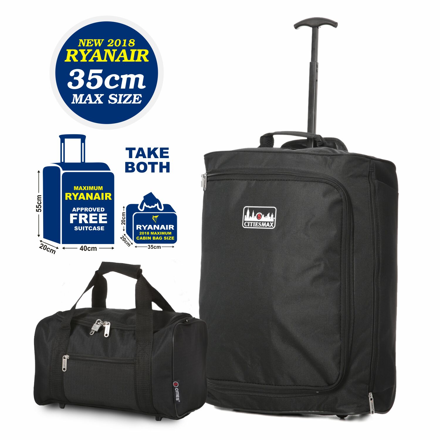 Set of 2 - 55x40x20cm & 35x20x20cm Trolley Bag & Holdall Hand Luggage